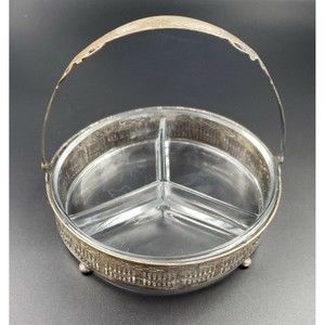 Art Nouveau Divided Glass Bowl with Distressed Silver Plate Holder Candy Snacks